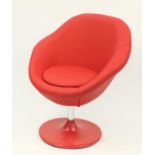 Contemporary swivel lounge chair with red faux leather upholstery, 90cm high :For Further