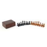 Good boxwood and ebony Staunton weighted chess set, possibly by Jacques with mahogany case