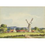 Windmill, cottages and hills, watercolour, pencil signed, mounted and framed, 17cm x 12cm :For