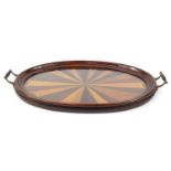 Oval inlaid mahogany tray with twin handles and glass insert, 71cm x 42cm :For Further Condition