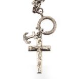 Silver belcher link longuard chain, with naturalistic silver cross pendant, the chain 160cm in