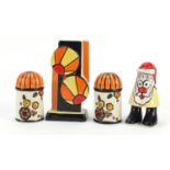 Three Lorna Bailey casters and an abstract vase including Santa Claus, limited edition 3/40, the