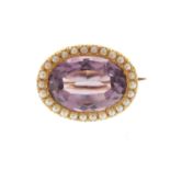 Victorian 15ct gold amethyst and seed pearl brooch, 2.4cm in length, 5.7g :For Further Condition