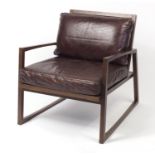 Contemporary Scandinavian design York lounge chair with brown leather upholstery, 79cm H x 72.5cm