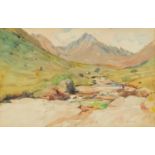 Willliam Walls - Highland Glen, watercolour, label verso, mounted, framed and glazed, 40cm x 25.
