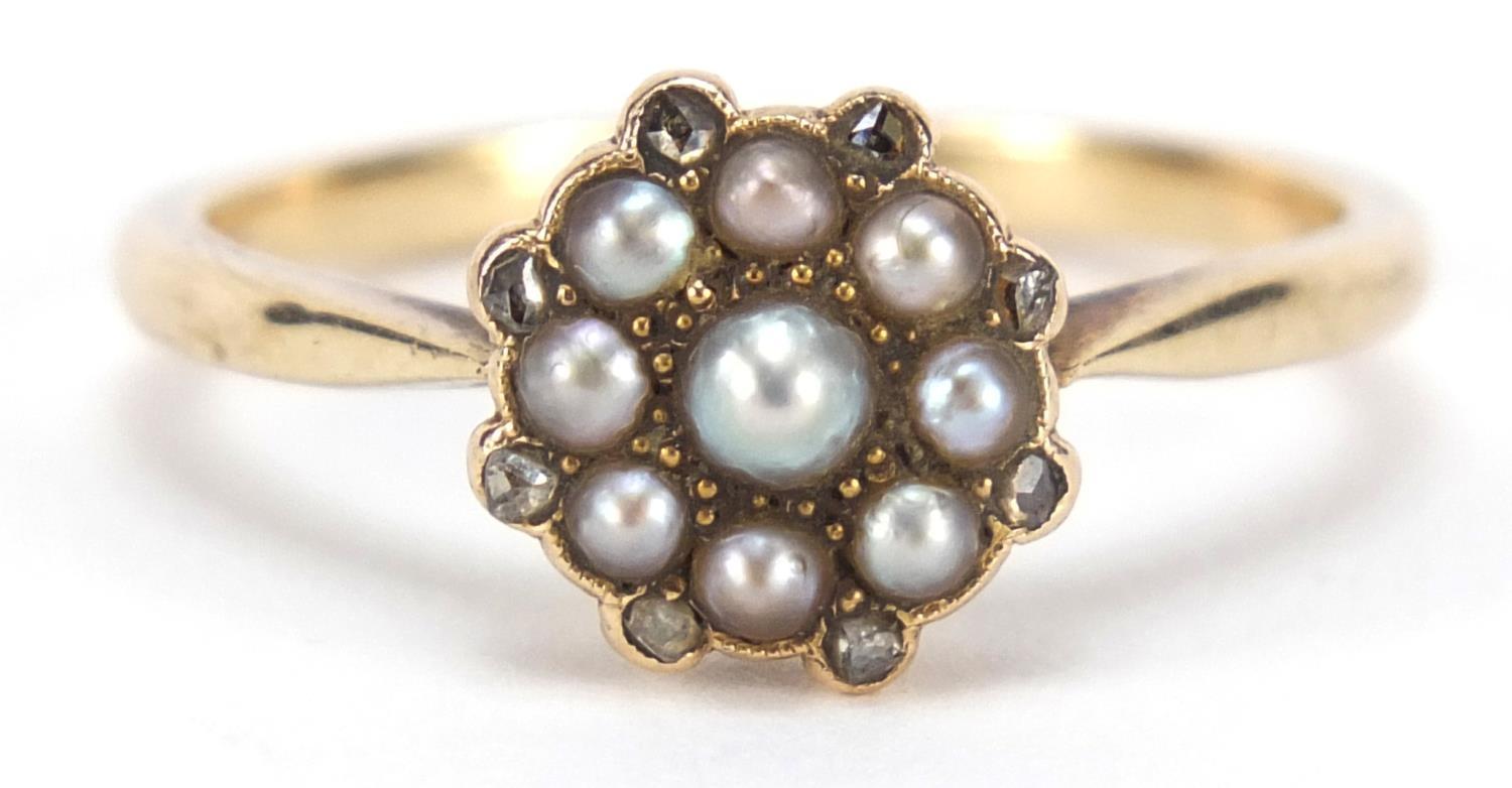 Victorian unmarked gold, seed pearl and diamond ring, size S, 2.8g :For Further Condition Reports