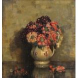 Still life, Verbina, oil on canvas laid on board, bearing an inscription Rowley label verso, framed,