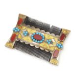 Antique Byzantine type unmarked silver Crusader's comb inset with turquoise and agate, 10.5cm x