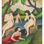 Nude females bathing, gouache on paper, bearing an indistinct signature, framed, 36.5cm x 34cm :