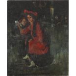 Figure in a cafe, Russian school oil on canvas, label and inscription verso, unframed, 50cm x