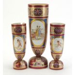 Garniture of three Austrian Vienna porcelain vases, each hand painted with foliage and decorated