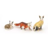 Three Italian silver Saturno miniature silver and enamel animals, comprising two cats and a fox, the