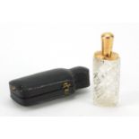Dutch cut glass scent bottle with 18ct gold mounts and fitted leather case, impressed marks to the