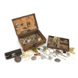 Antique and later jewellery including enamelled brooches, silver and amber bracelet, silver rings,