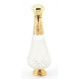 Dutch cut glass scent bottle with stopper and 18ct gold mounts, engraved with flowers, impressed