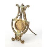 French brass lyre design easel pocket watch stand with champleve enamel, 13cm high :For Further