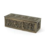 Burmese unmarked silver box with hinged lid, embossed with deities, 10cm wide, 100.9g :For Further