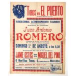 Juan Antonio Romera Spanish bull fighting poster, Toros en el Puerto, unframed, 64cm x 50cm :For