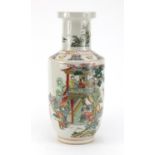 Chinese porcelain Rouleau vase, hand painted in the famille rose palette with figures in a palace