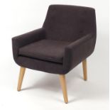 Contemporary lounge chair with khaki buttonback upholstery and lightwood frame, 80cm H x 67cm W x