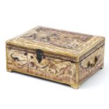 Persian rectangular bone work box with twin handles and fitted interior, hand painted with