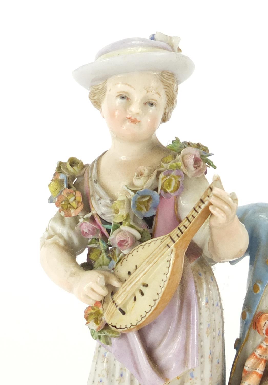 19th century Meissen figure group of a boy and girl playing a mandolin, blue cross sword marks and - Image 2 of 7