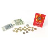 British coins and bank notes including five pounds, two pound coins, two fifty pence pieces and an