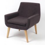 Contemporary lounge chair with khaki buttonback upholstery and lightwood frame, 80cm H x 67cm W x