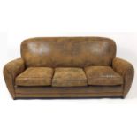 Contemporary three seater settee with brown faux leather upholstery, 81cm H x 196cm W x 94cm D :
