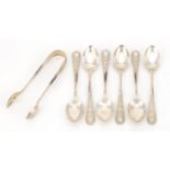 Set of six Victorian silver teaspoons and sugar tongs, by Harrison Brothers & Howson, Sheffield