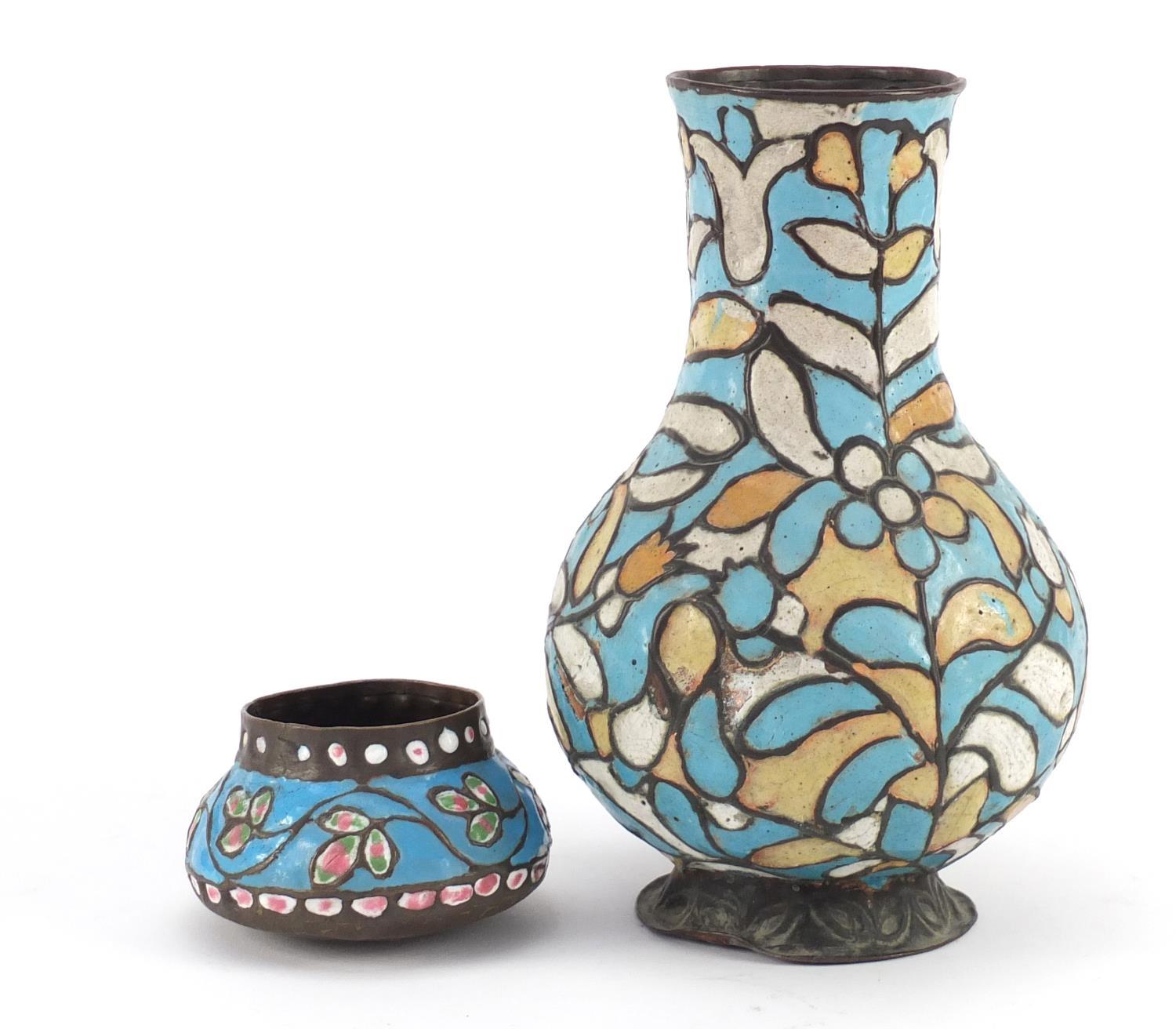 Syrian copper and enamel vase decorated with flowers and a similar small pot, the largest 24cm - Image 3 of 6