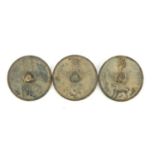 Three Chinese bronze buttons, each 5cm in diameter :For Further Condition Reports Please Visit Our