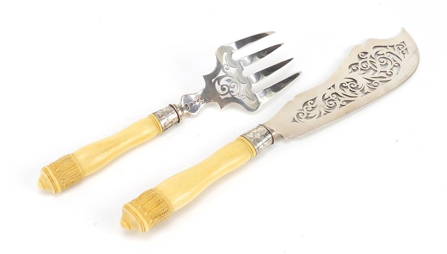 Victorian silver and ivory fish servers by George Unite, Birmingham 1884, 29cm in length, housed - Image 6 of 8