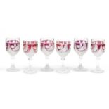 Set of six cranberry flashed glasses etched with birds, 16cm high :For Further Condition Reports