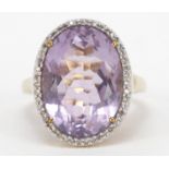 Large 9ct gold amethyst and diamond ring, size P, 6.4g :For Further Condition Reports Please Visit