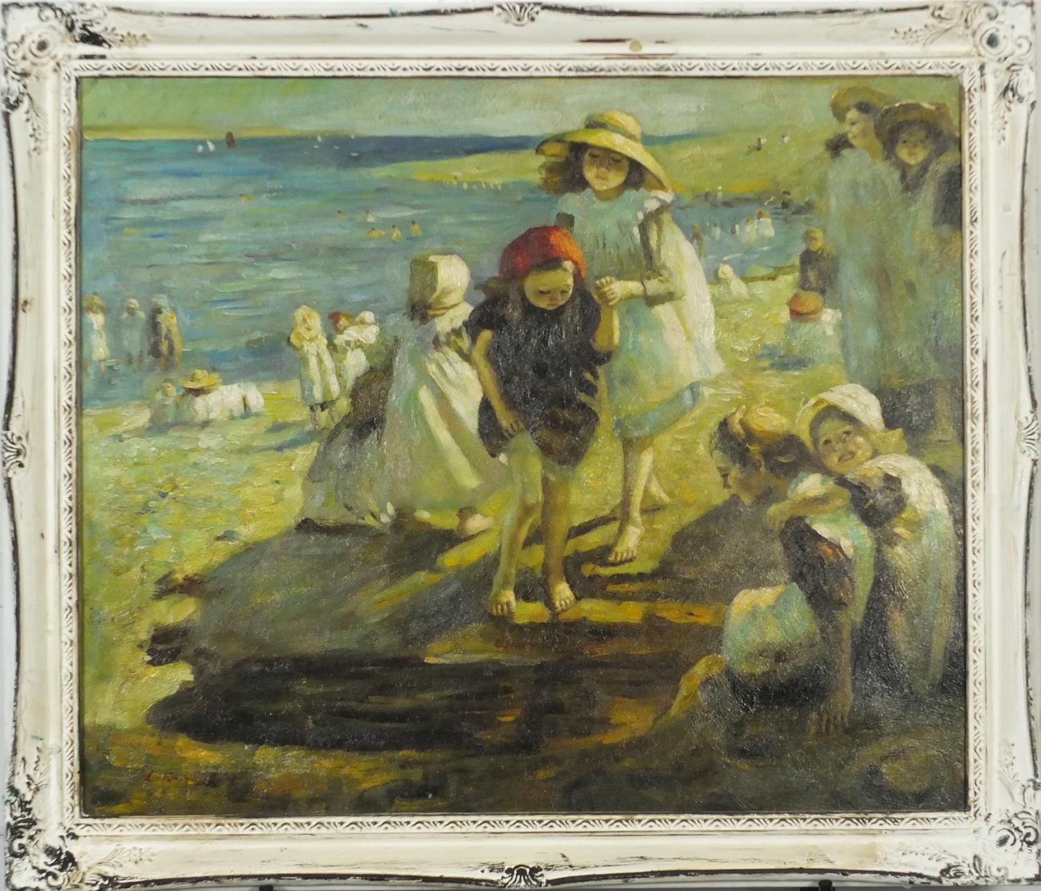 Manner of Laura Knight - Figures on a beach, modern British oil on board, framed, 59.5cm x 49.5cm : - Image 2 of 4