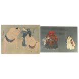 Two Japanese woodblock prints including one depicting Sumo wrestlers, both with Tokyo label verso,