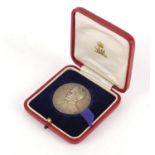 George V investiture of Prince of Wales silver medallion with velvet and silk lined fitted tooled