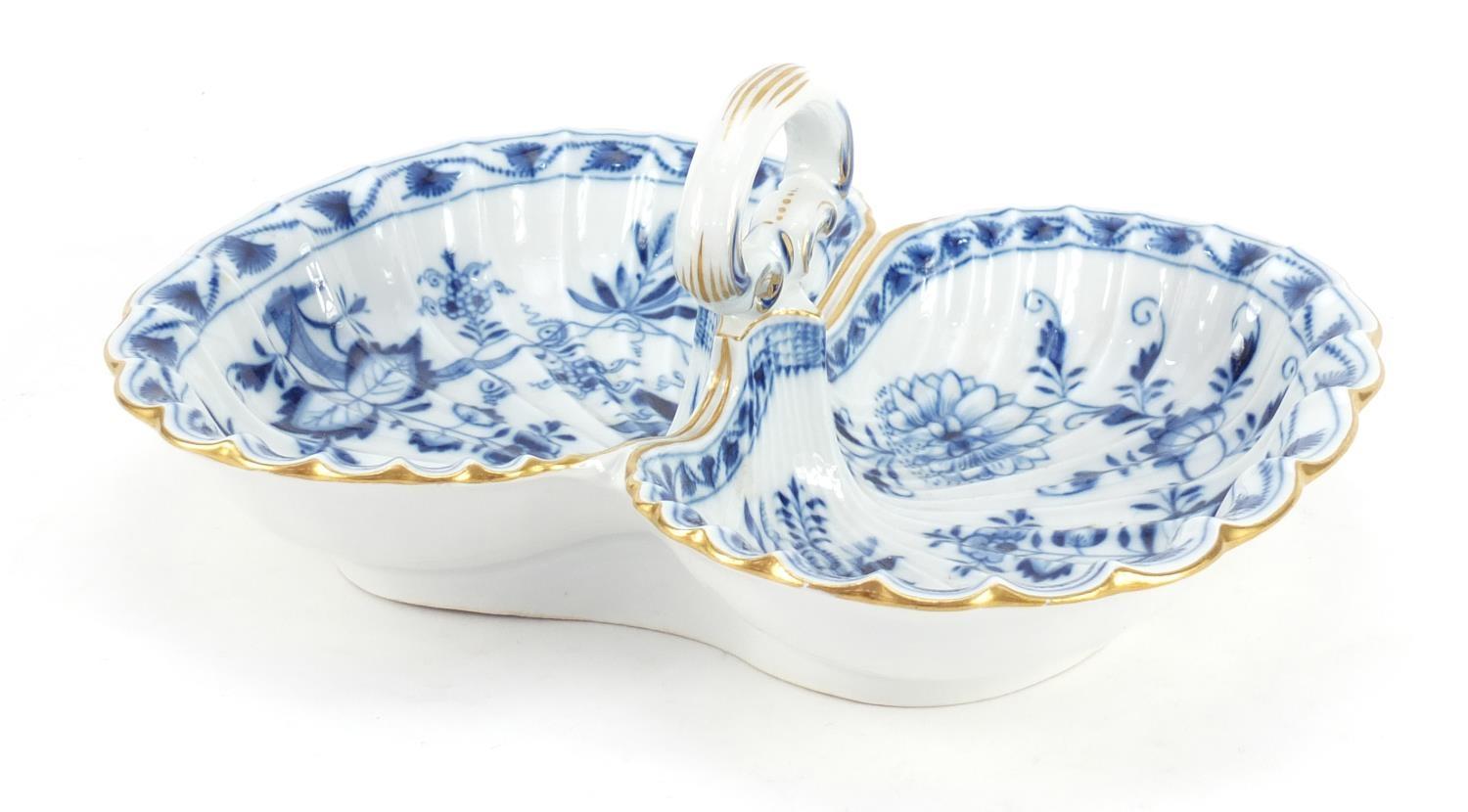 Meissen porcelain twin serving dish, hand painted in the Blue Onion pattern, crossed sword marks - Image 3 of 7