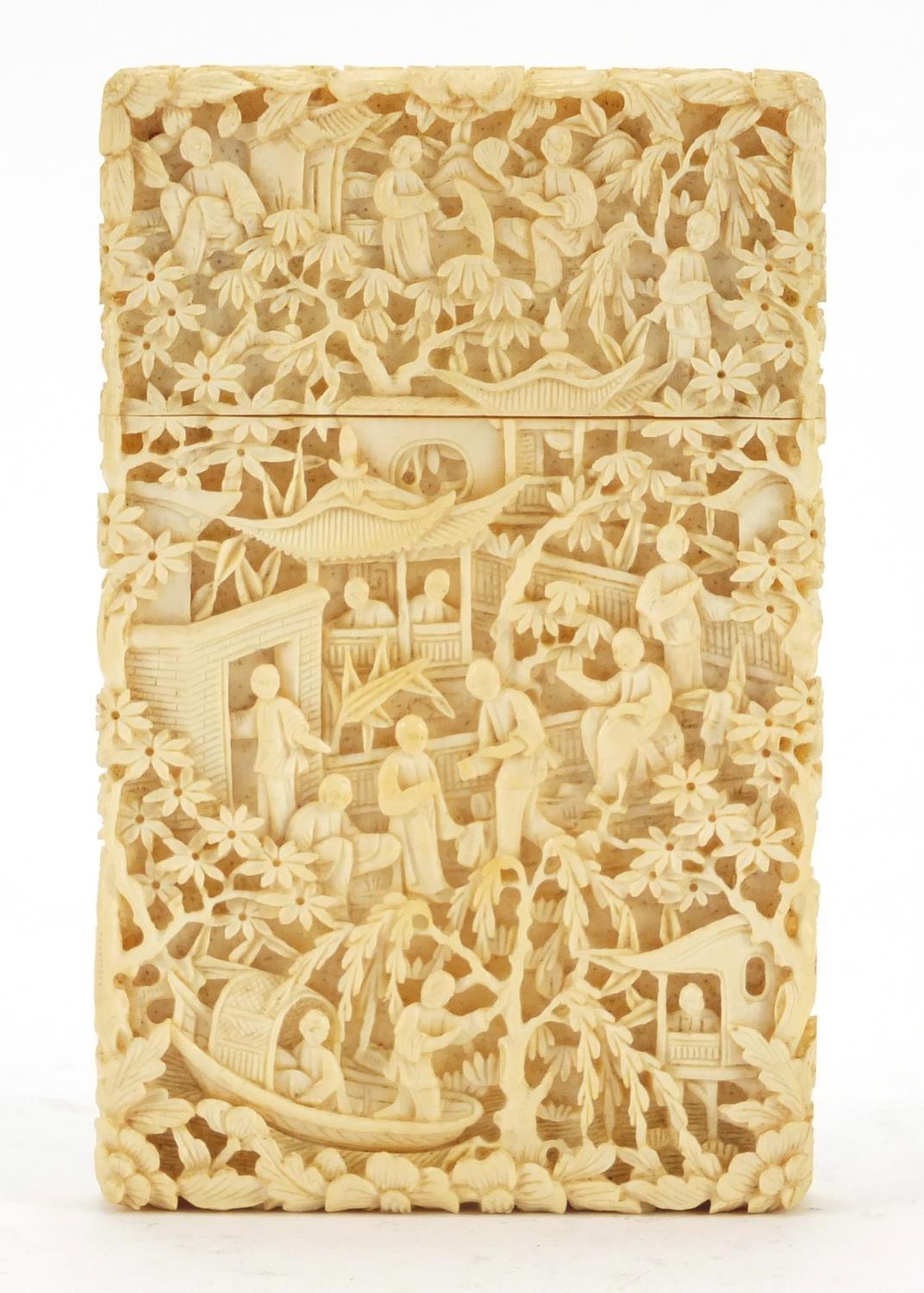 Exceptional Chinese Canton ivory card case, finely and deeply carved with figures crossing bridges - Image 2 of 12