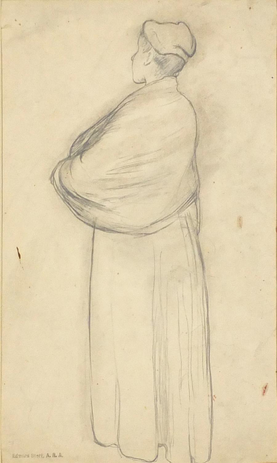 Edward Stott ARA - Standing female, pencil on paper, inscribed verso, mounted, unframed, 35.5cm x