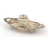 Edward VII silver desk stand with cut glass inkwell, by Henry Matthews, Birmingham 1908, 20.5cm wide