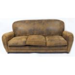 Contemporary three seater settee with brown faux leather upholstery, 81cm H x 196cm W x 94cm D :