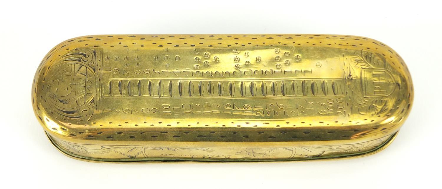 18th century Dutch seaman's brass tobacco box of Pieter Holm, 16cm wide :For Further Condition - Image 7 of 9