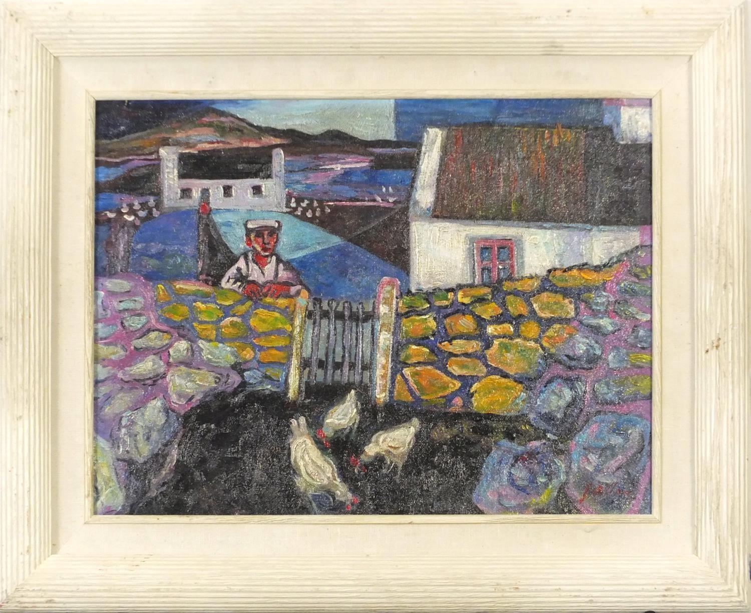 Manner of Gerard Dillon - Figure by a fence with chicken, Irish school oil on board, mounted and - Image 2 of 4