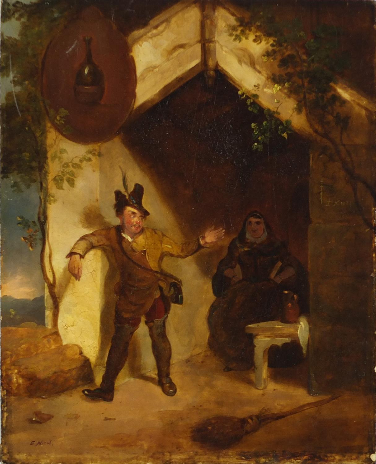 Attributed to Erskine Nicol - Two figures at entrance, 19th century Scottish school oil on wood