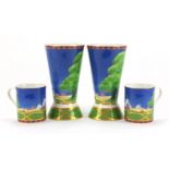 Royal Worcester Art Deco collection Lazy Days porcelain comprising a pair of tapering vases and a