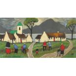 Manner of Markey Robinson - Figures before cottages and water, Irish school oil on canvas, framed,