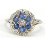 Unmarked white metal diamond and sapphire cluster ring, size M, 2.0g :For Further Condition