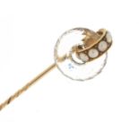 Victorian unmarked gold pearl and crystal tie pin, 8cm in length, 5.5g :For Further Condition